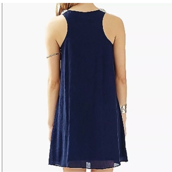 Lily Pulitzer Rachelle Navy Flowy Gauze Dress crocheted gold pompoms - Picture 2 of 6